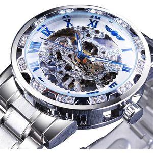 Winnaar Leisure Skeleton Diamond Luminous Pointer Horloge Mannen Handmatig Mechanisch Horloge (Zilveren Riem Zilver Shell Wit Gezicht)