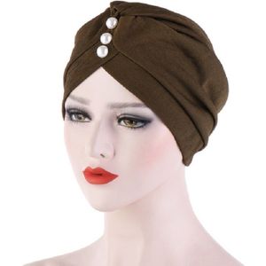 2 PCS Women Forehead Fold Pearl Decorative Hooded Cap Turban Hat  Size:One Size(Army Green)