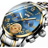 FNGEEN 4001 Men Non-Mechanical Watch Multi-Function Quartz Watch  Colour: Black Leather Black Steel Blue Surface