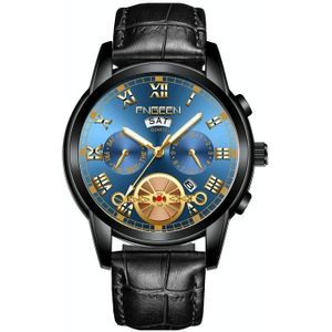 FNGEEN 4001 Men Non-Mechanical Watch Multi-Function Quartz Watch  Colour: Black Leather Black Steel Blue Surface