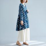 Retro Print Plus Size Cotton And Linen Dress Loose V-neck Skirt (Color:Blue Size:L)