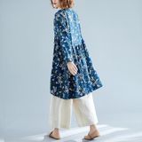 Retro Print Plus Size Cotton And Linen Dress Loose V-neck Skirt (Color:Blue Size:L)