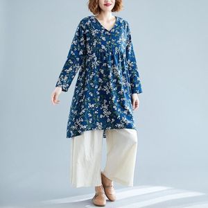 Retro Print Plus Size Cotton And Linen Dress Loose V-neck Skirt (Color:Blue Size:L)