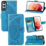 For Samsung Galaxy S21 FE Butterfly Love Flowers Embossed Horizontal Flip Leather Case with Holder & Card Slots & Wallet & Lanyard(Blue)