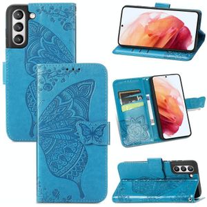 For Samsung Galaxy S21 FE Butterfly Love Flowers Embossed Horizontal Flip Leather Case with Holder & Card Slots & Wallet & Lanyard(Blue)