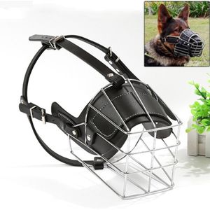 Steel Cage Style Dog Basket Wire Muzzle Protective Snout Cover with Leather Strap  Size: XXL