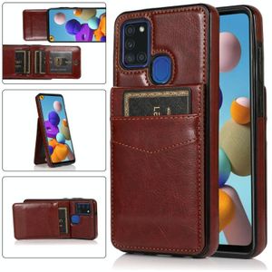 For Samsung Galaxy A21s Solid Color PC + TPU Protective Case with Holder & Card Slots(Brown)