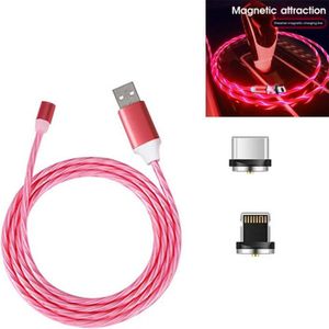 2 in 1 USB to 8 Pin + Type-C / USB-C Magnetic Absorption Colorful Streamer Mobile Phone Charging Cable  Length: 1m(Red Light)