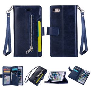 For iPhone SE 2020 / 8 / 7 Multifunctional Zipper Horizontal Flip Leather Case with Holder & Wallet & 9 Card Slots & Lanyard(Blue)