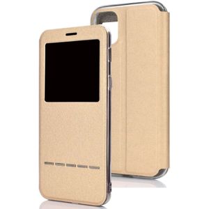 For iPhone 11  Matte Texture Horizontal Flip Bracket Mobile Phone Holster Window with Caller ID and Metal Button Slide To Unlock(Gold)