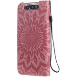 Pressed Printing Sunflower Pattern Horizontal Flip PU Leather Case for Galaxy A80  with Holder & Card Slots & Wallet & Lanyard (Pink)