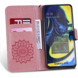 Pressed Printing Sunflower Pattern Horizontal Flip PU Leather Case for Galaxy A80  with Holder & Card Slots & Wallet & Lanyard (Pink)