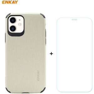 For iPhone 11 ENKAY ENK-PC0312 2 in 1 Business Series Denim Texture PU Leather + TPU Soft Slim Case Cover ? 0.26mm 9H 2.5D Tempered Glass Film(Beige)