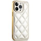 Voor iPhone 13 Pro Max Suteni Electroplated Big Diamond Grid Leather Soft TPU Phone Case(White)
