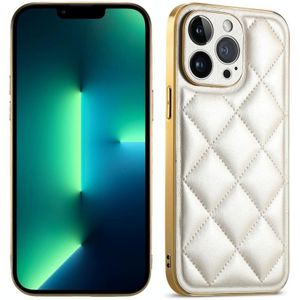 Voor iPhone 13 Pro Max Suteni Electroplated Big Diamond Grid Leather Soft TPU Phone Case(White)