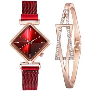 2 PCS Ladies Diamond Dial Quartz Watch  Colour: Red + Bracelet