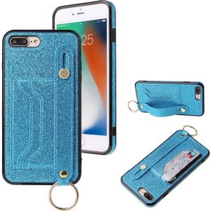 Glitter Powder PU+TPU Schokbestendige beschermhoes met houder & kaartslots & polsbandje voor iPhone 8 Plus / 7 Plus(Blauw)