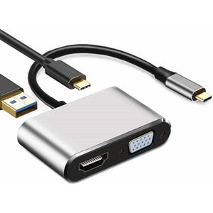 USB C naar HDMI VGA 4K adapter 4-in-1 type C adapter hub naar HDMI VGA USB 3 0 digitale AV Multi port adapter met USB-C PD Oplaadpoort compatibel voor Nintendo switch/Samsung/MacBook (zilverachtig)