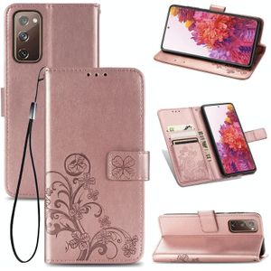 For Galaxy S20 FE / S20 Lite Four-leaf Clasp Embossed Buckle Mobile Phone Protection Leather Case with Lanyard & Card Slot & Wallet & Bracket Function(Rose Gold)