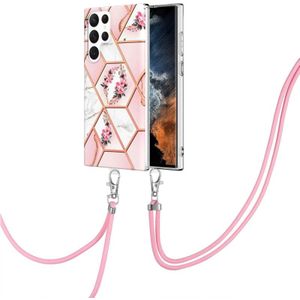 Voor Samsung Galaxy S23 Ultra 5G Splicing Marble Flower IMD TPU-telefoonhoes met lanyard (roze bloem)