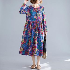 Loose Mid-length Ethnic Style Womens Long-sleeved Printed Cotton And Linen Dress (Color:Rose Red Size:XXL)