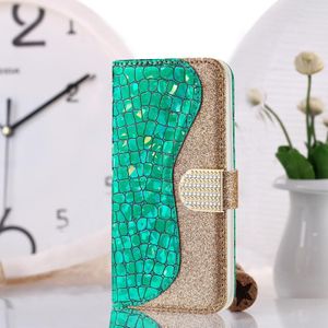 For Samsung Galaxy A22 5G Laser Glitter Powder Matching Crocodile Texture Horizontal Flip Leather Case with Card Slots & Holder & Wallet(Green)