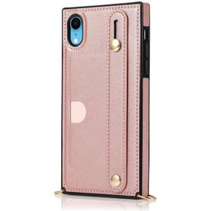 For iPhone XR Wrist Strap PU+TPU Shockproof Protective Case with Crossbody Lanyard & Holder & Card Slot(Rose Gold)