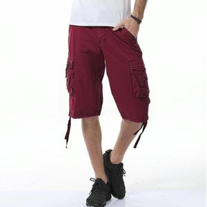 Summer Multi-pocket Solid Color Loose Casual Cargo Shorts for Men (Color:Wine Red Size:31)