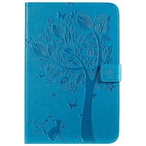 For iPad Mini 2019 & 4 & 3 & 2 & 1 Pressed Printing Cat and Tree Pattern Horizontal Flip Leather Case with Holder & Card Slots & Wallet(Blue)