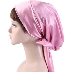 2 PCS TJM-226 Ladies Satin Print Ribbon Bow Turban Hat Night Cap Silk Chemotherapy Hat Long Tail Braid Hat(Pink)