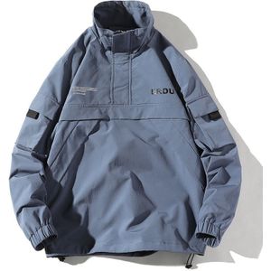 Letters Printed Stand Collar Pullover Coat Loose Casual Jacket for Men (Color:Grey Blue Size:XXXXL)