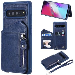 For Galaxy S10 5G Dual Buckles Zipper Shockproof Back Cover Protective Case with Holder & Card Slots & Wallet & Lanyard & Photos Frames(Blue)