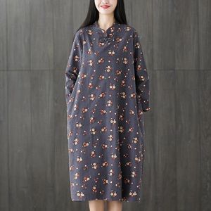 Floral Cotton And Linen Plus Size Retro Mid-length Dress (Color:Gray Blue Size:XL)
