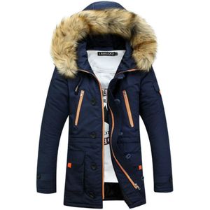 Long Section Cotton Suit Men Plus Velvet Thick Warm Jacket Large Fur Collar Coat Lovers Jacket  Size:XL(Navy)