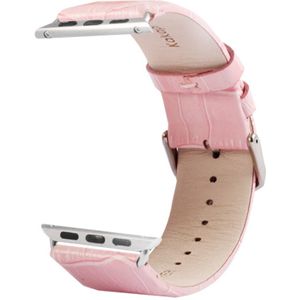 Kakapi for Apple Watch 42mm Crocodile Texture Brushed Buckle Genuine Leather Watchband with Connector(Pink)