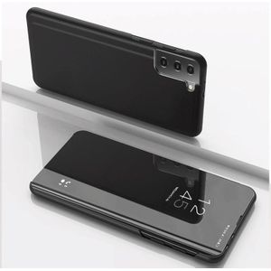 For Samsung Galaxy S21 FE Plated Mirror Horizontal Flip Leather Case with Holder(Black)