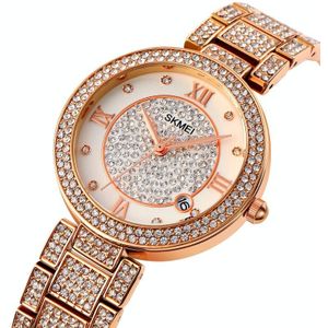 SKMEI 1739 Diamond Roman Numerals Round Dial Quartz Watch for Ladies(Rose Gold)