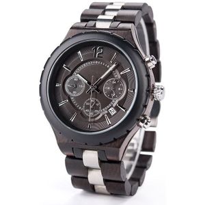 D21 Men Wooden Strap Stainless Steel Luminous Waterproof Watch(Black)