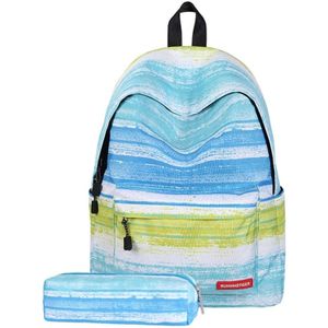Green Stripe Pattern Print Travel Backpack School Shoulders Bag with Pen Bag for Girls  Size: 40cm x 30cm x 17cm