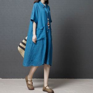 Summer Solid Color Ramie Mid-length Loose Short-sleeved Shirt Dress for Women (Color:Blue Size:XL)