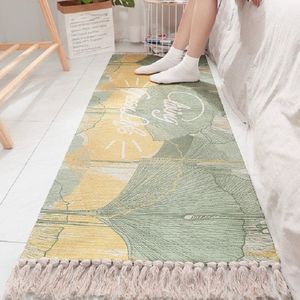 Cotton Hand-woven Bedside Carpet Home Long Fringed Anti-slip Mat  Size:60×150 cm(Leaf Years)