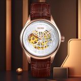 SKMEI 9209 Men Business Automatic Mechanical Watch Round Hollow Dial Leather Watchband Watch(Gold Black)