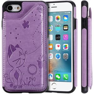 For iPhone 8 / 7 Cat Bee Embossing Pattern Shockproof Protective Case with Card Slots & Photo Frame(Purple)