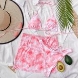 3 in 1 Lace-up Halter Backless Bikini Ladies Tie-Dye Split Swimsuit Set with Mesh Short Skirt (Color:Pink Size:M)