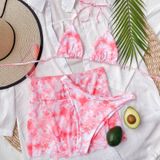 3 in 1 Lace-up Halter Backless Bikini Ladies Tie-Dye Split Swimsuit Set with Mesh Short Skirt (Color:Pink Size:M)