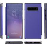 For Samsung Galaxy S10 Carbon Fiber Texture View Time Horizontal Flip Leather Case with Holder & Touch Call Display ID(Blue)