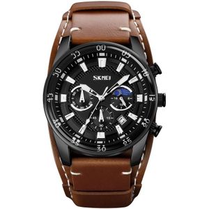 SKMEI 9249 Men Moonphase Calendar Stopwatch Leather Strap Quartz Watch(Brown Black)