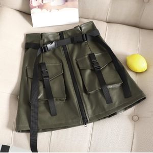 2 PCS Flower Skirt Skirt Chic PU Leather Tooling Zipper A Word Skirt with Belt  Size: M(Army Green)