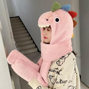 C0215 Adult Dinosaur Cartoon Velvet Hat Thickened Warm Scarf Hat  Size: One Size(Pink)