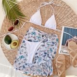 3 in 1 Lace-up Halter Backless Bikini Ladies Split Swimsuit Set with Butterfly Pattern Mesh Short Skirt (Color:White Size:S)
